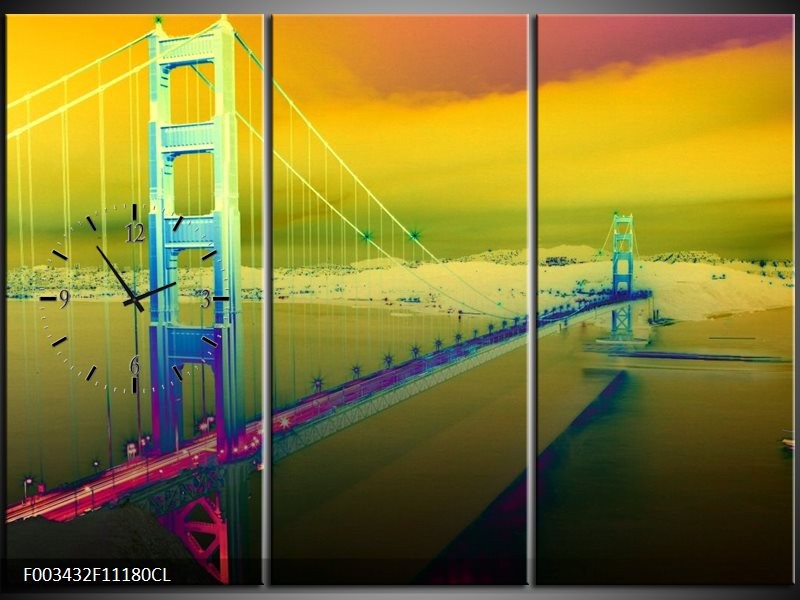 Klok schilderij Brug | Groen, Geel, Paars | 111x80cm 3Luik