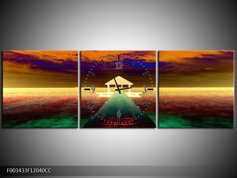 Klok schilderij Zee | Groen, Geel, Bruin | 120x40cm 3Luik