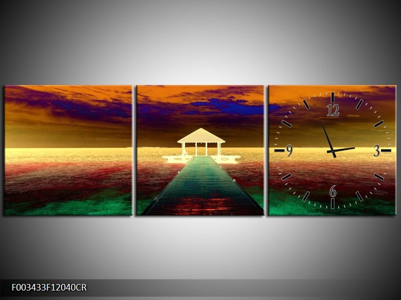 Klok schilderij Zee | Groen, Geel, Bruin | 120x40cm 3Luik