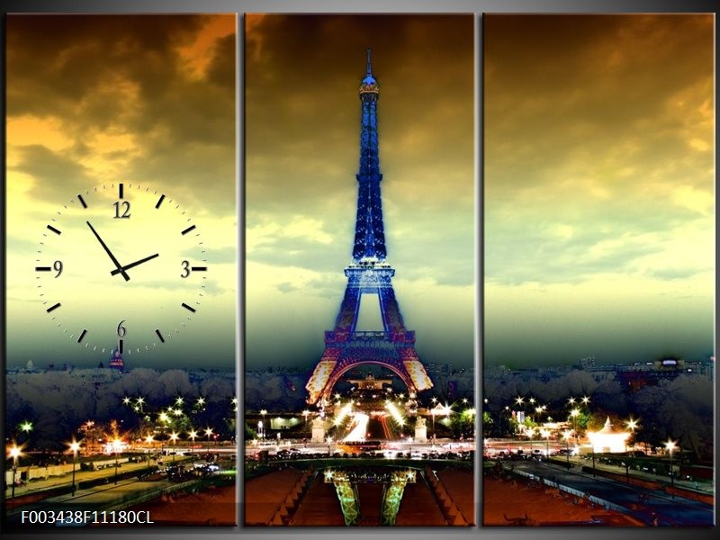 Klok schilderij Eiffeltoren | Blauw, Geel, Grijs | 111x80cm 3Luik
