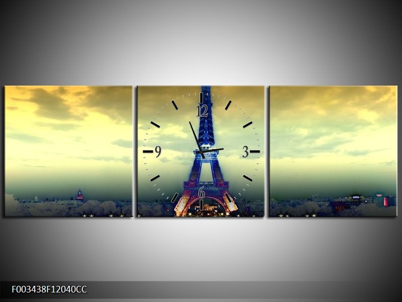 Klok schilderij Eiffeltoren | Blauw, Geel, Grijs | 120x40cm 3Luik