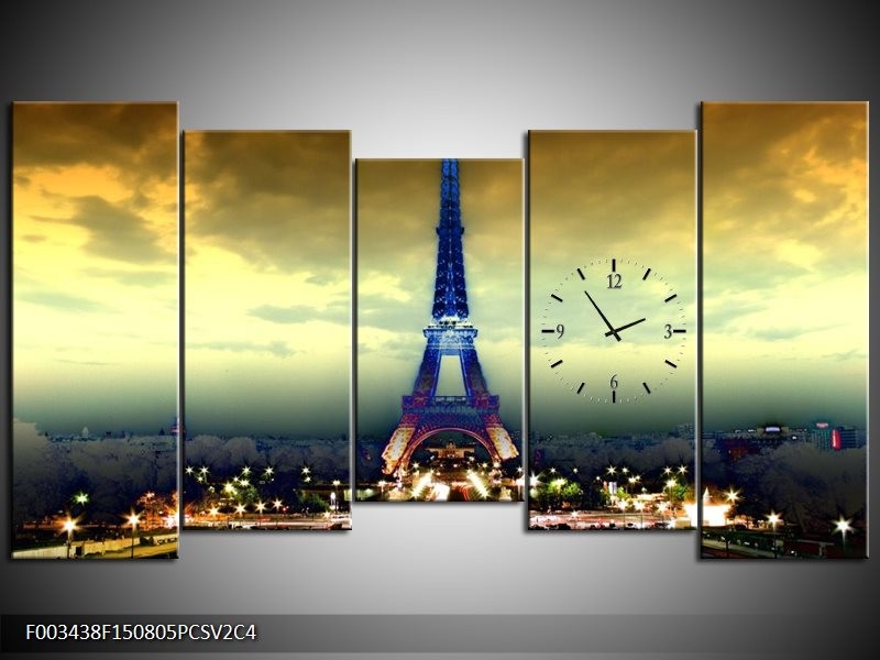 Klok schilderij Eiffeltoren | Blauw, Geel, Grijs | 150x80cm 5Luik