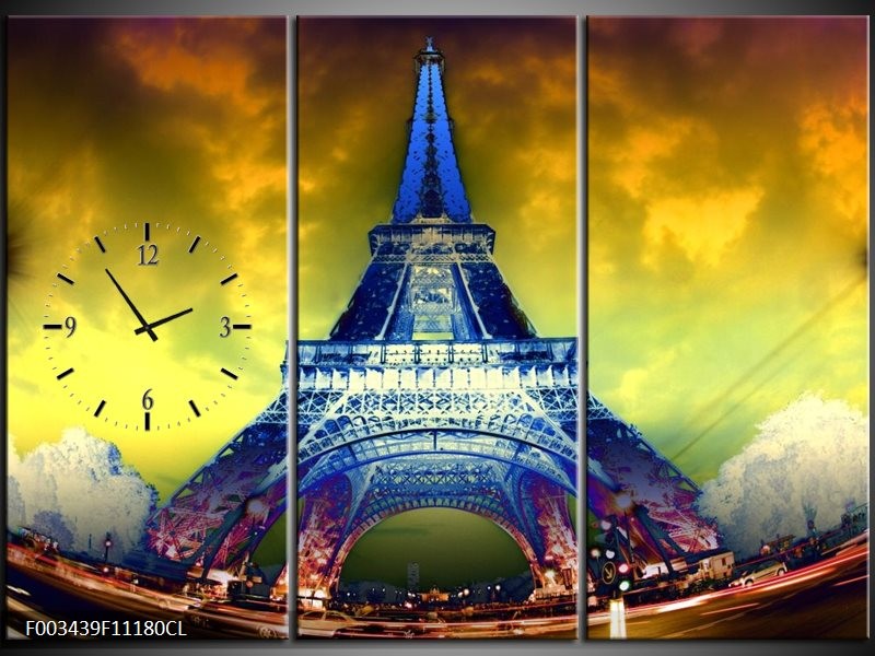 Klok schilderij Eiffeltoren | Blauw, Geel, Grijs | 111x80cm 3Luik