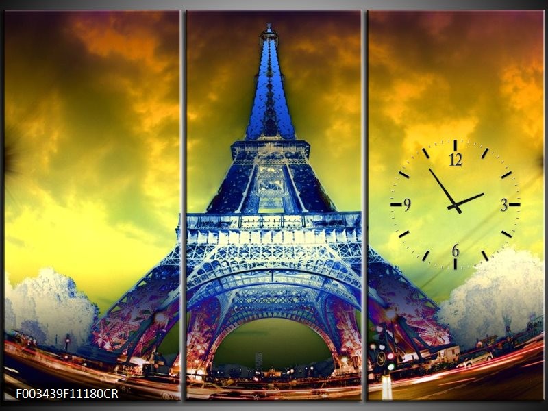 Klok schilderij Eiffeltoren | Blauw, Geel, Grijs | 111x80cm 3Luik