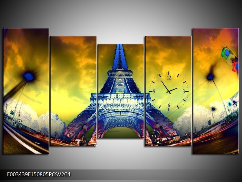 Klok schilderij Eiffeltoren | Blauw, Geel, Grijs | 150x80cm 5Luik