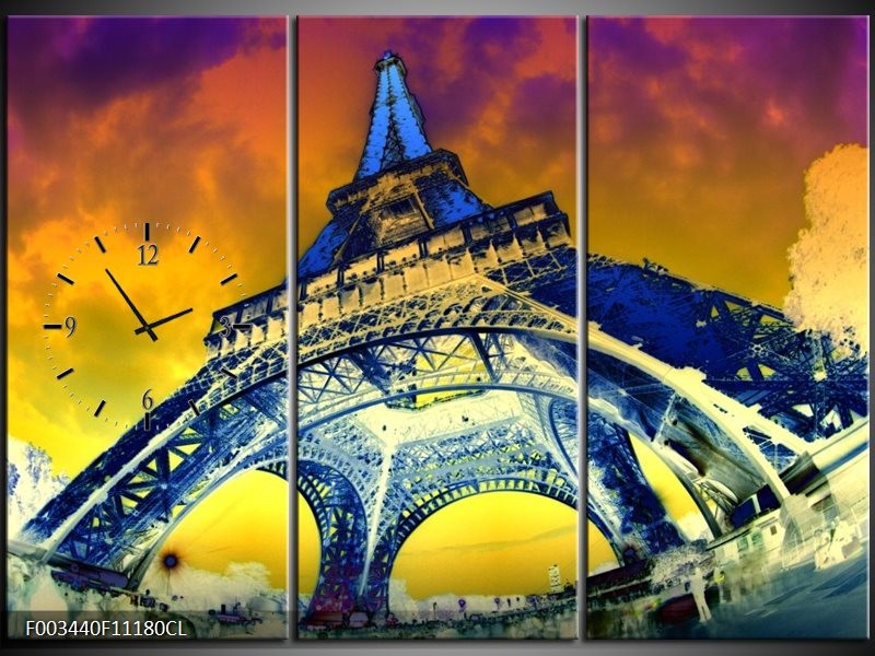 Klok schilderij Eiffeltoren | Blauw, Geel, Grijs | 111x80cm 3Luik