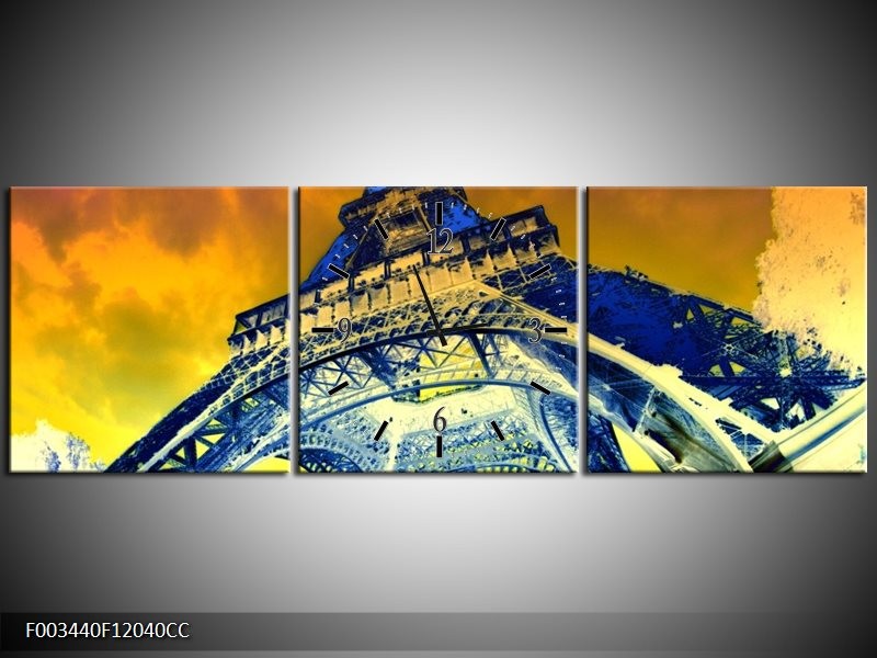 Klok schilderij Eiffeltoren | Blauw, Geel, Grijs | 120x40cm 3Luik