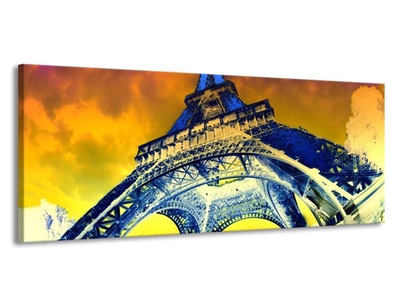 Canvas schilderij Eiffeltoren | Blauw, Geel, Grijs | 145x58cm 1Luik