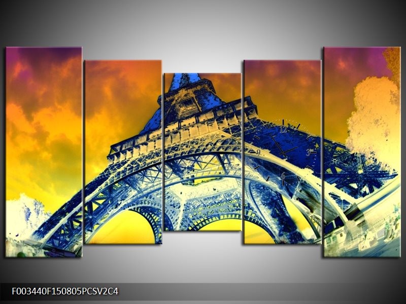 Klok schilderij Eiffeltoren | Blauw, Geel, Grijs | 150x80cm 5Luik