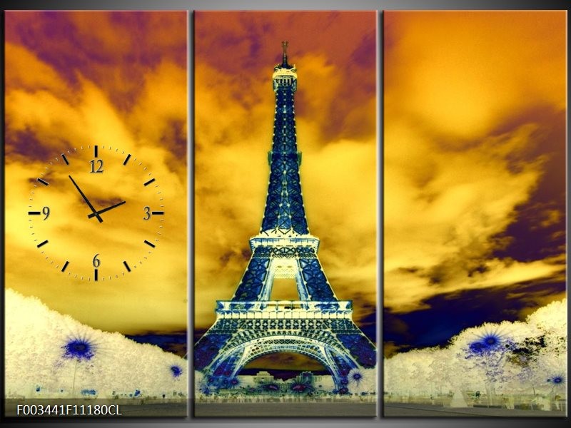 Klok schilderij Eiffeltoren | Blauw, Geel, Grijs | 111x80cm 3Luik