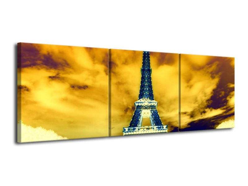 Canvas schilderij Eiffeltoren | Blauw, Geel, Grijs | 120x40cm 3Luik