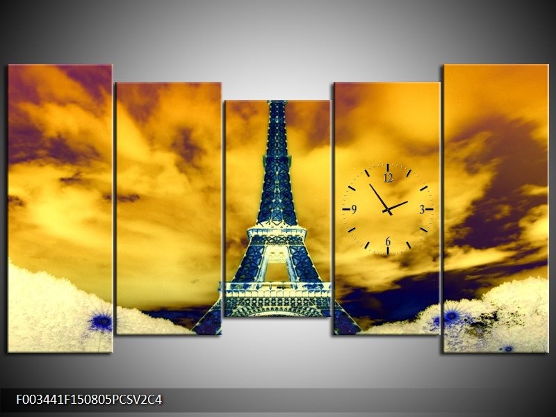Klok schilderij Eiffeltoren | Blauw, Geel, Grijs | 150x80cm 5Luik