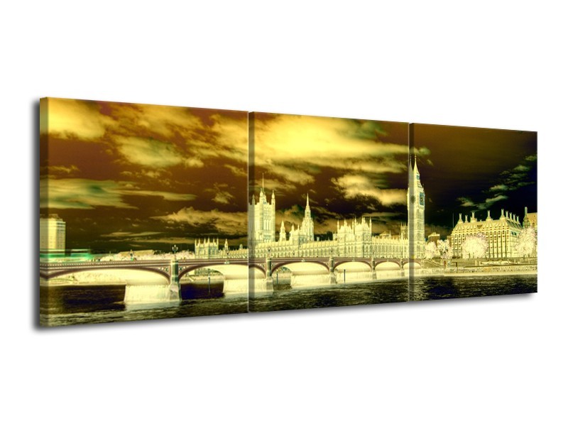 Canvas schilderij Londen | Geel, Groen, Crème | 120x40cm 3Luik