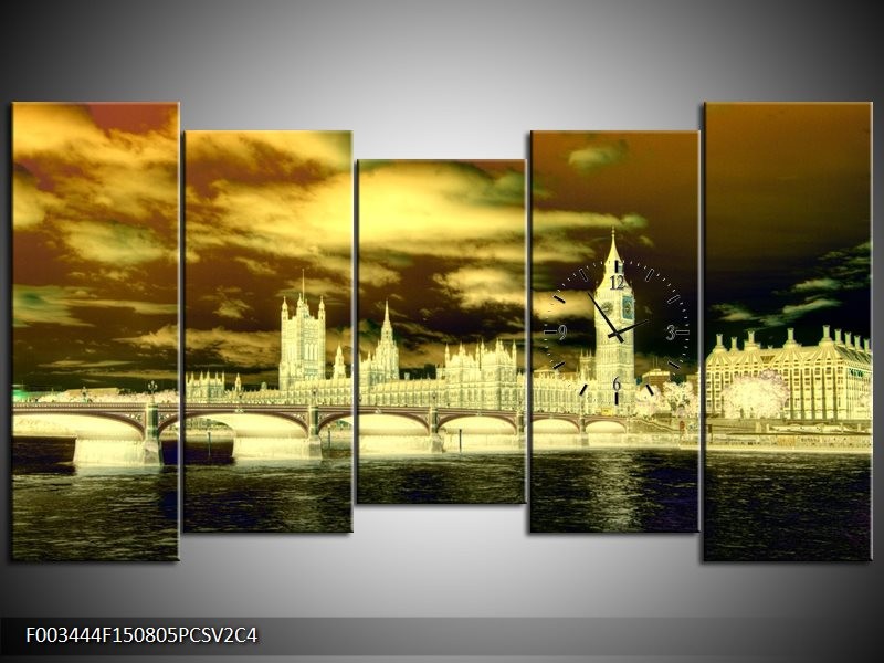 Klok schilderij Londen | Geel, Groen, Crème | 150x80cm 5Luik