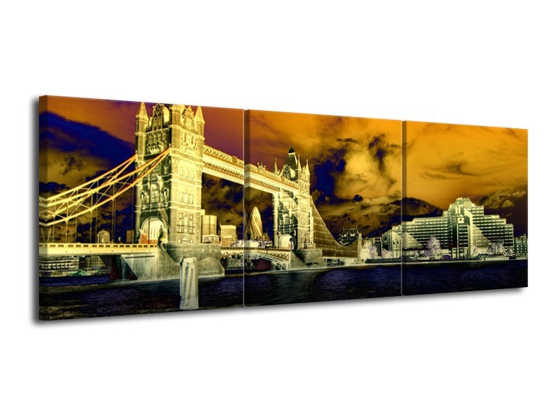 Canvas schilderij Londen | Geel, Blauw, Crème | 120x40cm 3Luik