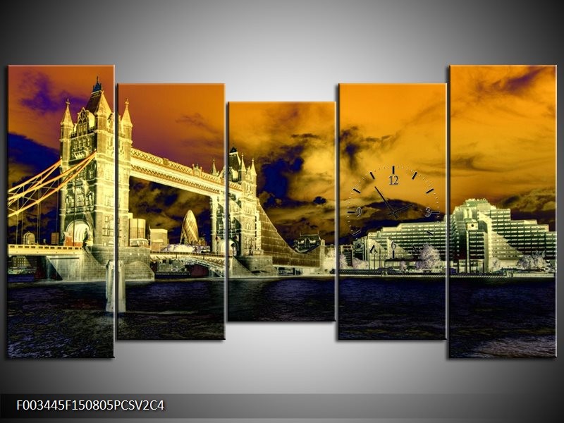 Klok schilderij Londen | Geel, Blauw, Crème | 150x80cm 5Luik