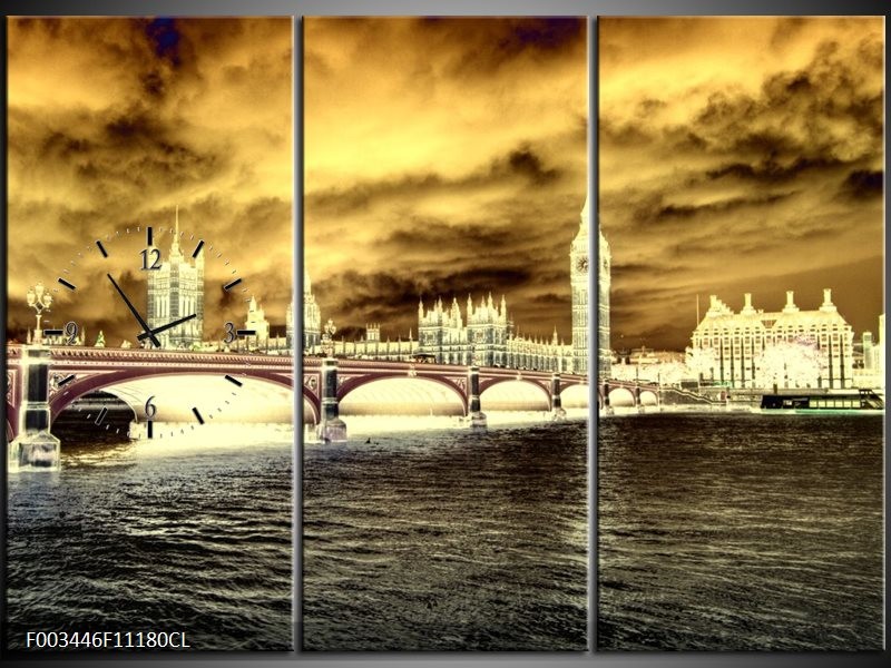 Klok schilderij Londen | Geel, Crème, Grijs | 111x80cm 3Luik