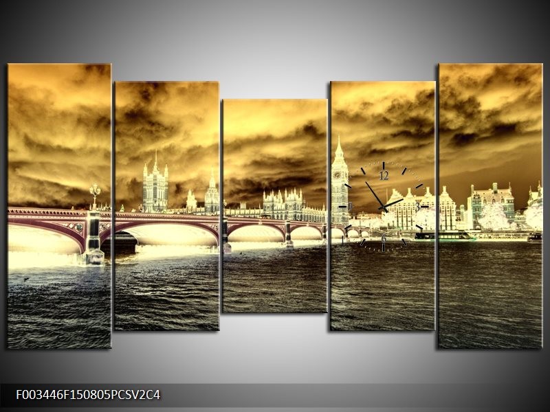 Klok schilderij Londen | Geel, Crème, Grijs | 150x80cm 5Luik