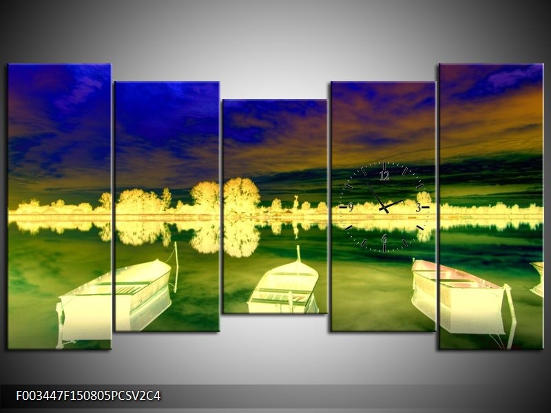 Klok schilderij Boot | Geel, Blauw, Groen | 150x80cm 5Luik