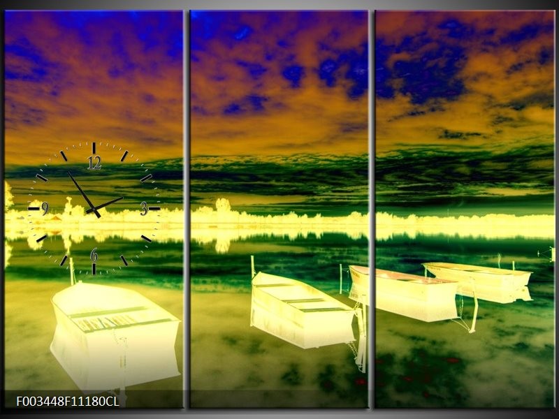 Klok schilderij Boot | Geel, Blauw, Groen | 111x80cm 3Luik