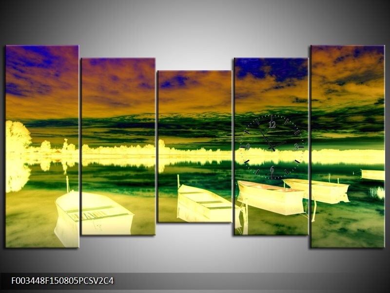 Klok schilderij Boot | Geel, Blauw, Groen | 150x80cm 5Luik
