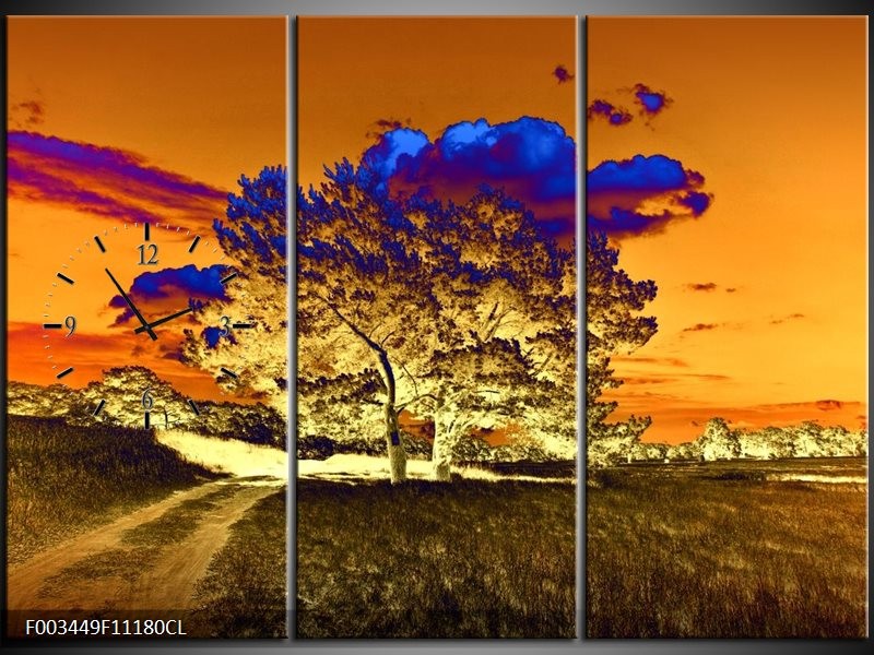 Klok schilderij Natuur | Oranje, Blauw, Geel | 111x80cm 3Luik