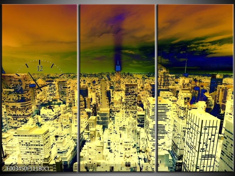 Klok schilderij Steden | Oranje, Blauw, Geel | 111x80cm 3Luik