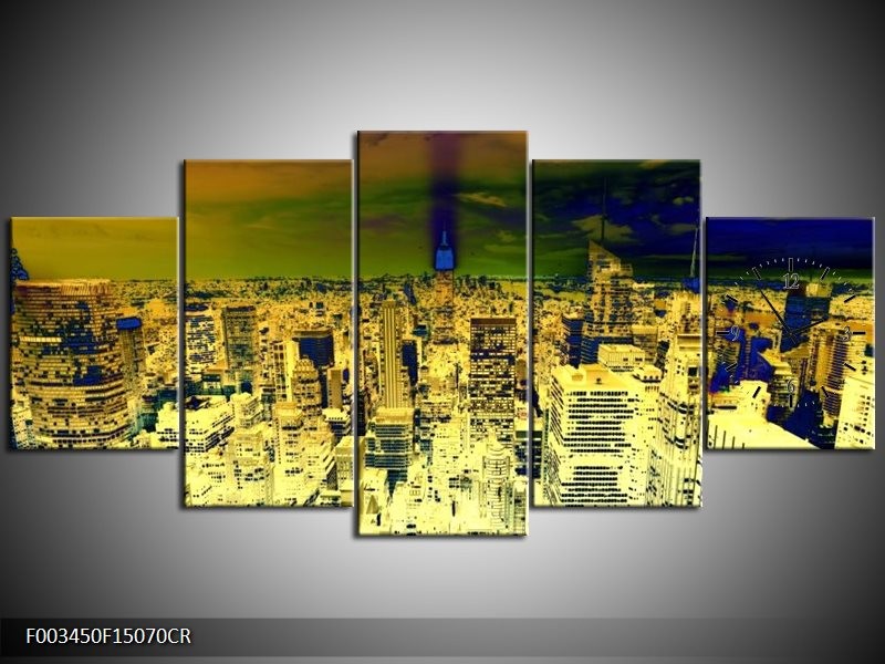 Klok schilderij Steden | Oranje, Blauw, Geel | 150x70cm 5Luik