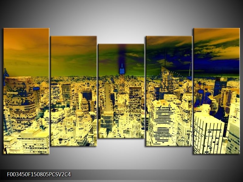 Klok schilderij Steden | Oranje, Blauw, Geel | 150x80cm 5Luik