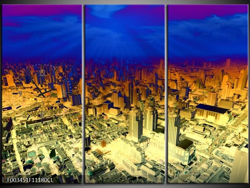 Klok schilderij Steden | Oranje, Blauw, Geel | 111x80cm 3Luik