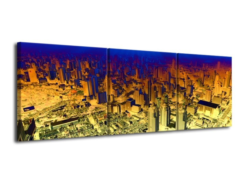 Canvas schilderij Steden | Oranje, Blauw, Geel | 120x40cm 3Luik