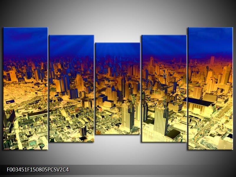 Klok schilderij Steden | Oranje, Blauw, Geel | 150x80cm 5Luik