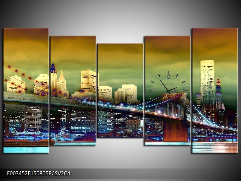 Klok schilderij Steden | Oranje, Blauw, Geel | 150x80cm 5Luik