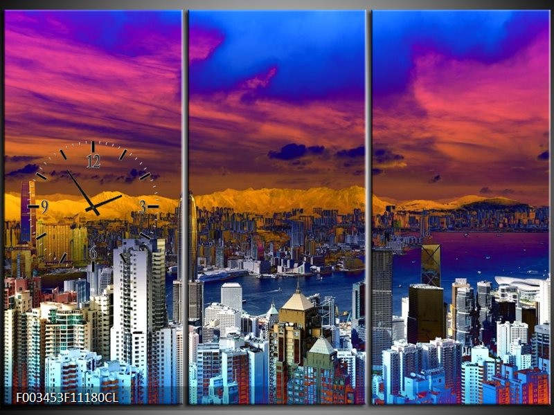 Klok schilderij Steden | Paars, Geel, Blauw | 111x80cm 3Luik