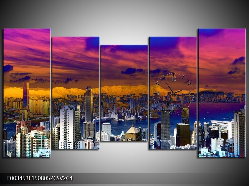 Klok schilderij Steden | Paars, Geel, Blauw | 150x80cm 5Luik