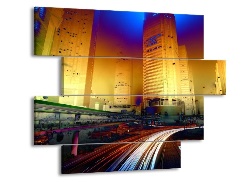 Glas schilderij Steden | Blauw, Geel, Oranje | 115x85cm 4Luik