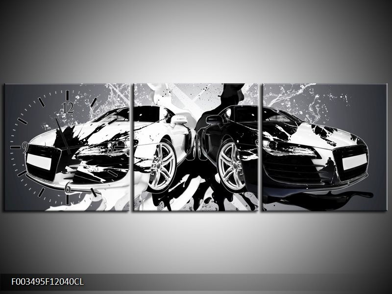 Klok schilderij Audi | Zwart, Wit, Grijs | 120x40cm 3Luik