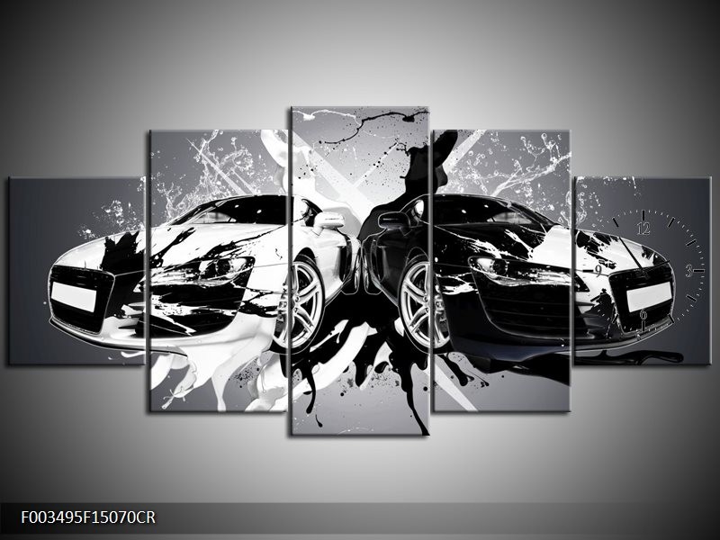 Klok schilderij Audi | Zwart, Wit, Grijs | 150x70cm 5Luik