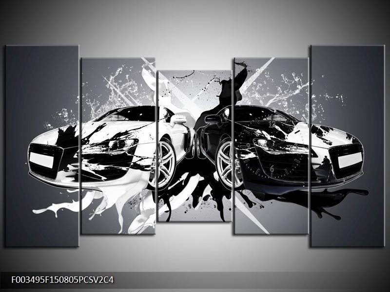 Klok schilderij Audi | Zwart, Wit, Grijs | 150x80cm 5Luik