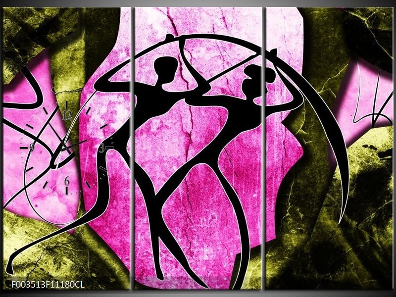 Klok schilderij Abstract | Roze, Zwart, Groen | 111x80cm 3Luik