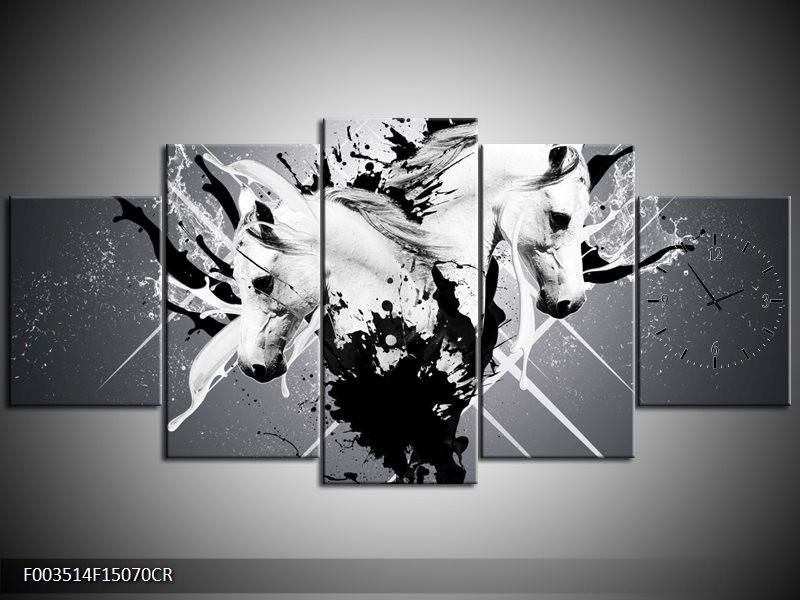 Klok schilderij Abstract | Wit, Zwart, Grijs | 150x70cm 5Luik