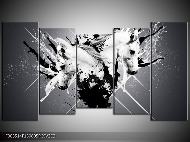 Klok schilderij Abstract | Wit, Zwart, Grijs | 150x80cm 5Luik