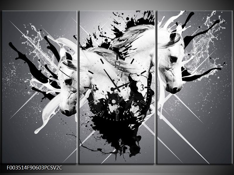 Klok schilderij Abstract | Wit, Zwart, Grijs | 90x60cm 3Luik
