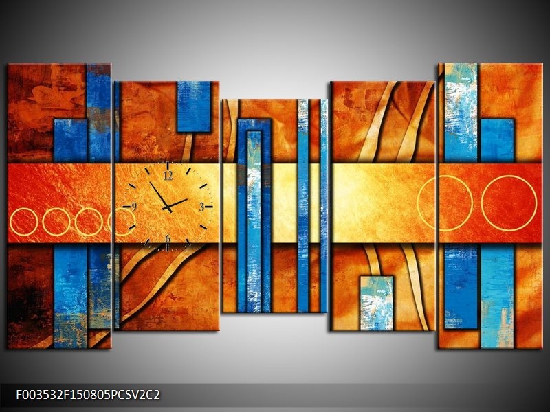 Klok schilderij Abstract | Blauw, Geel, Oranje | 150x80cm 5Luik