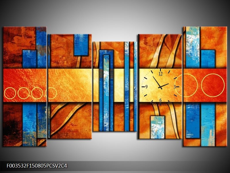 Klok schilderij Abstract | Blauw, Geel, Oranje | 150x80cm 5Luik