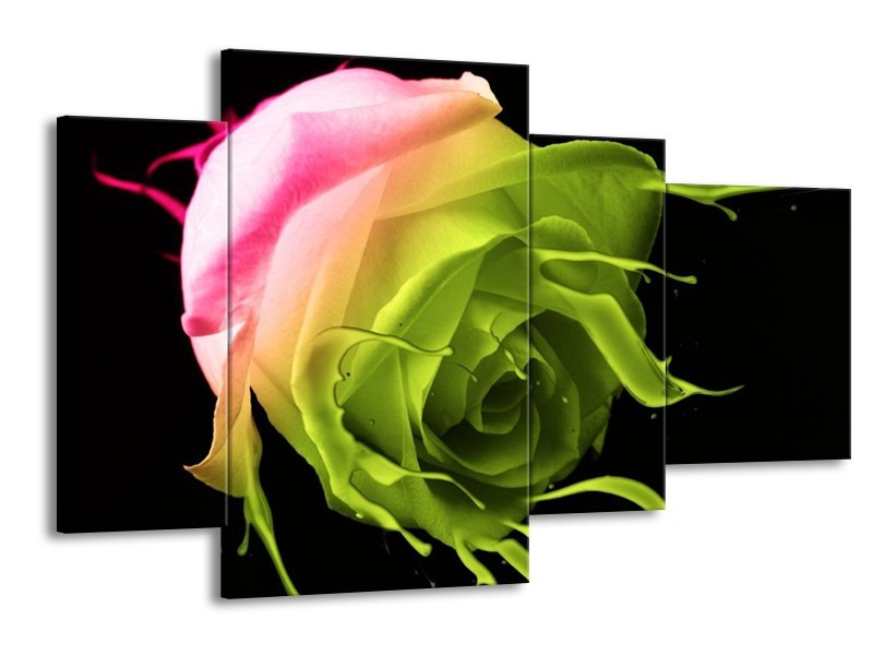 Canvas schilderij Roos | Roze, Groen, Zwart | 120x75cm 4Luik