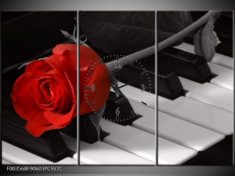 Klok schilderij Roos | Rood, Wit, Zwart | 90x60cm 3Luik