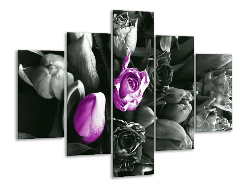 Canvas schilderij Tulp | Paars, Grijs, Zwart | 100x70cm 5Luik