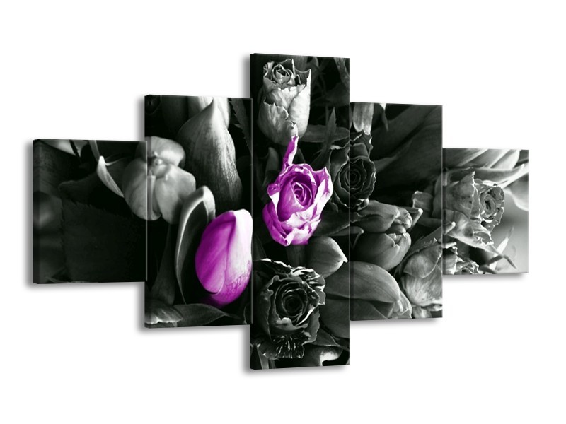 Canvas schilderij Tulp | Paars, Grijs, Zwart | 125x70cm 5Luik