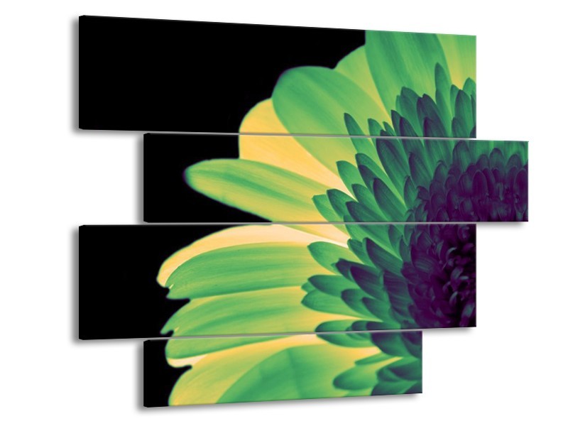 Canvas schilderij Bloem | Groen, Geel, Zwart | 115x85cm 4Luik